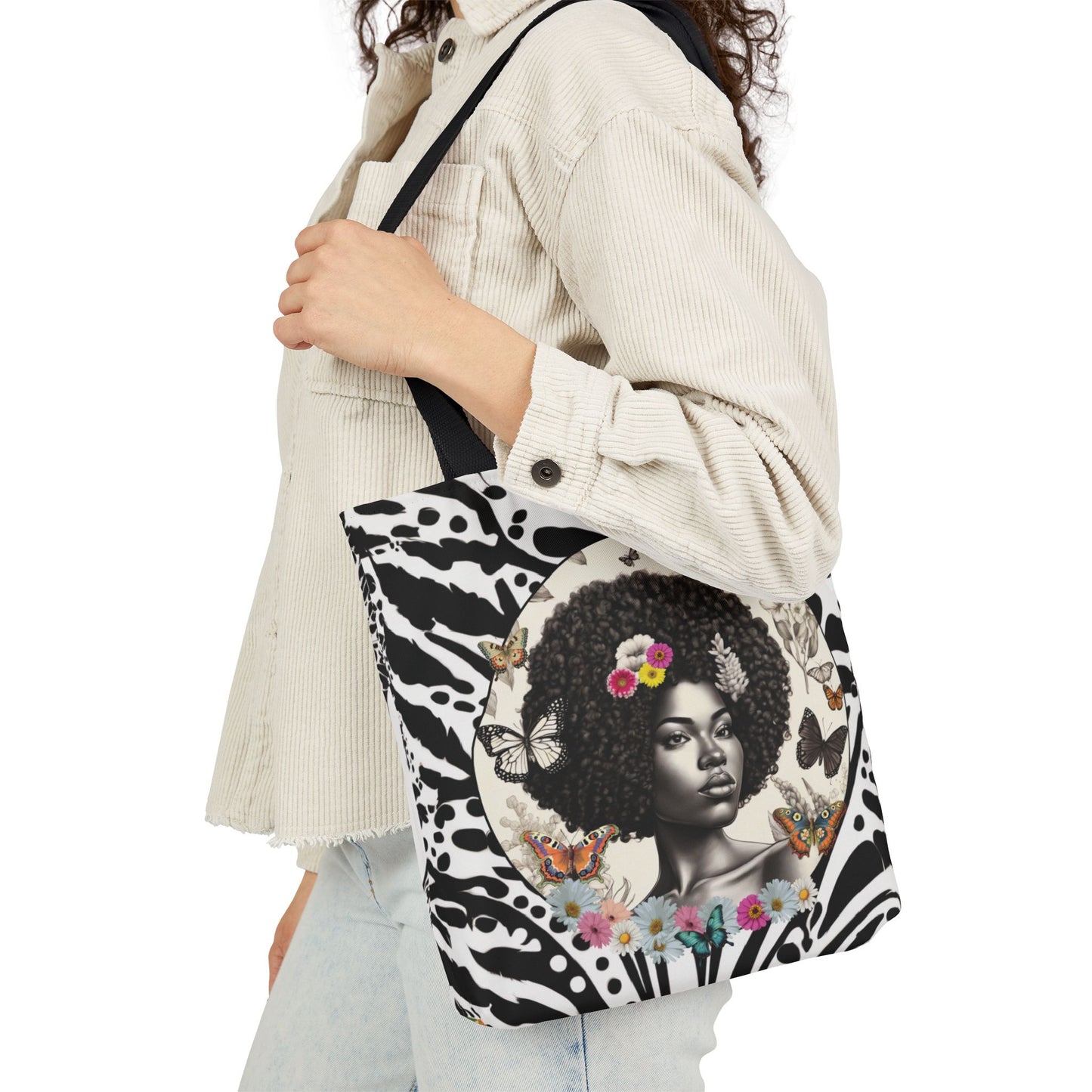 Afro Butterfly Queen In Black & White Garden-themed 13" tote bag, purse, workout bag, yoga bag, personal item with Black Women