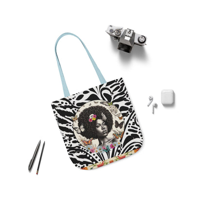 Afro Butterfly Queen In Black & White Garden-themed 13" tote bag, purse, workout bag, yoga bag, personal item with Black Women