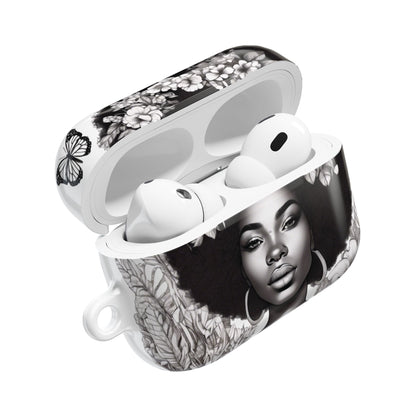 AirPods Case: Afro Queen Black & White Floral Garden Design with Butterflies, Plants & Black Woman for AirPods Pro Gen 1 & 2, AirPods Gen 1, Gen 2, Gen 3