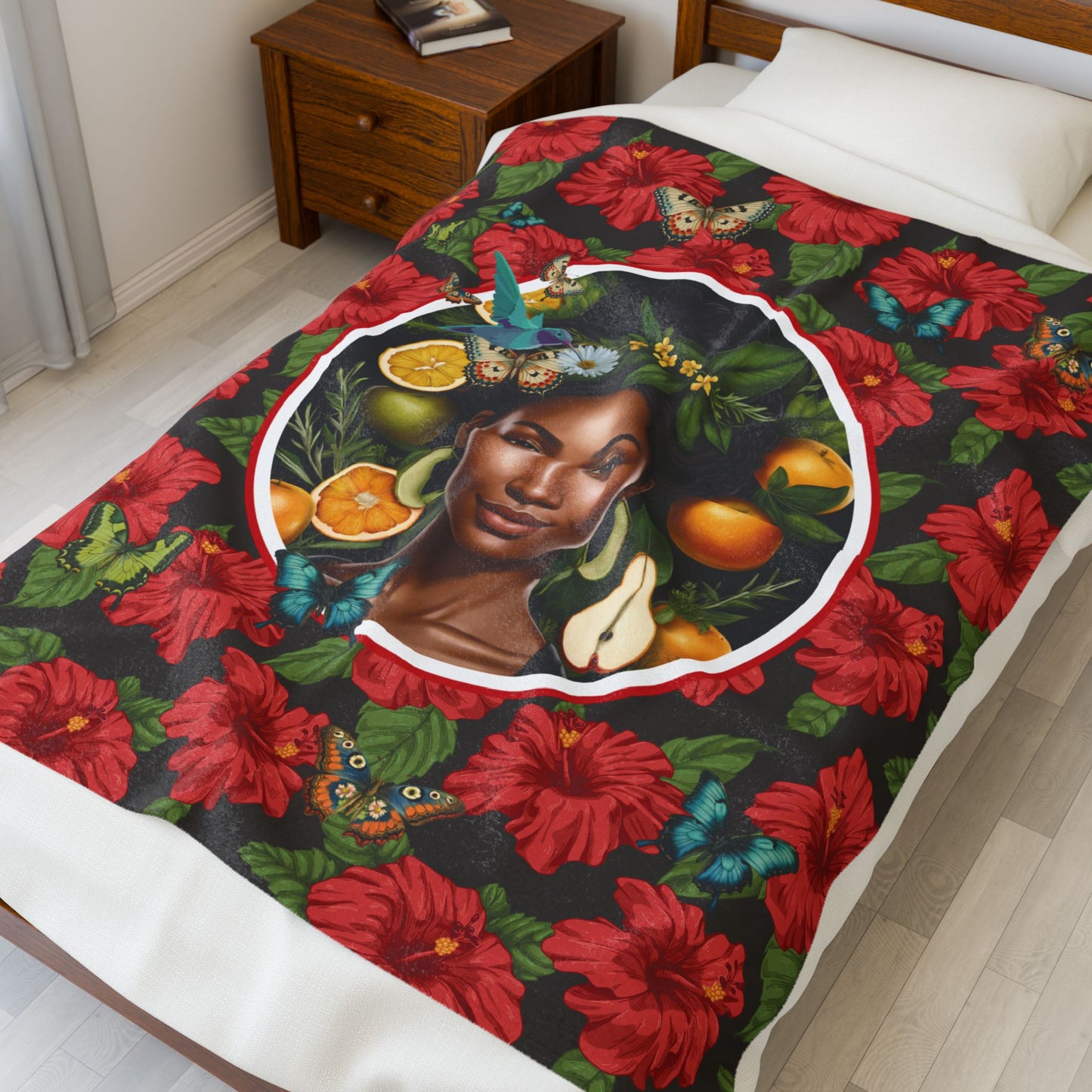 Organically Me Red and White Plant Garden Blanket, Wall Hanging, Tablecloth (Velveteen) with Black Woman; 50 x 60in