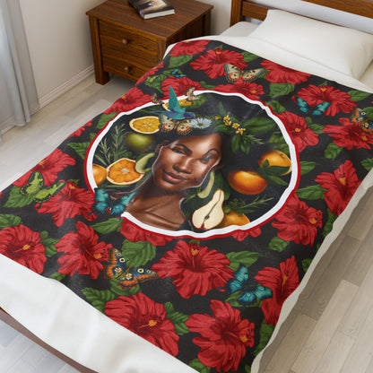 Organically Me Red and White Plant Garden Blanket, Wall Hanging, Tablecloth (Velveteen) with Black Woman; 50 x 60in
