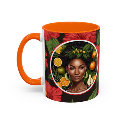 Organically Me Red and White Hibiscus Plant Garden Vegan Ceramic Plant Mug with Black woman (11oz) 8 Color Combos