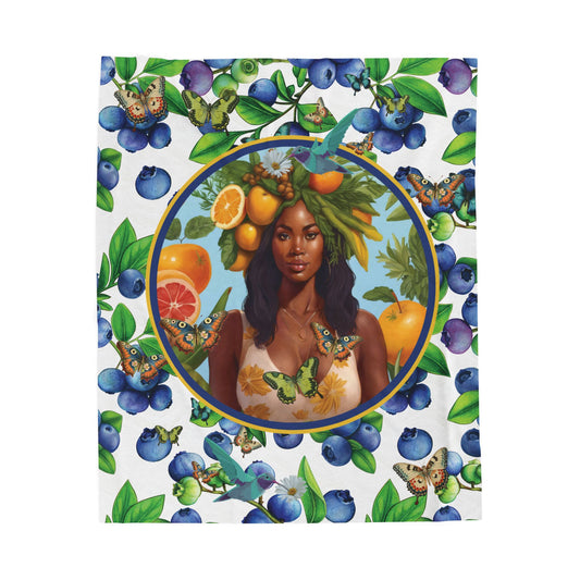 Organically Me Blueberry Plant B Garden Blanket, Wall Hanging, Tablecloth (Velveteen) with Black Woman; 50 x 60in