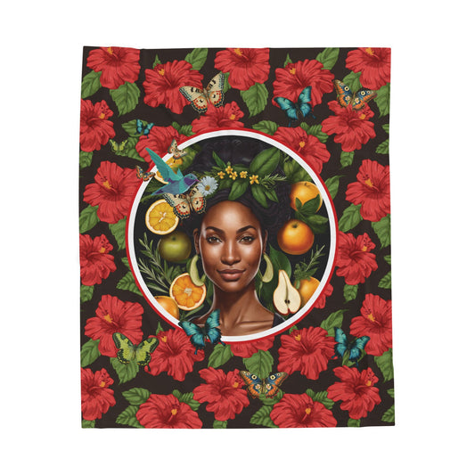 Organically Me Red and White Plant Garden Blanket, Wall Hanging, Tablecloth (Velveteen) with Black Woman; 50 x 60in
