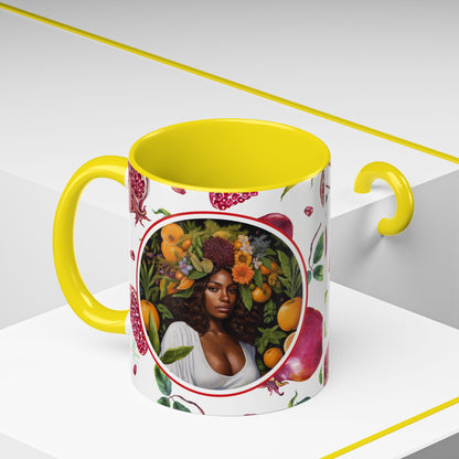 Organically Me Red and White Regina Pomegranate Plant Garden Vegan Ceramic Plant Mug with Black woman (11oz) 8 Color Combos