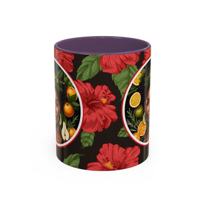 Organically Me Red and White Hibiscus Plant Garden Vegan Ceramic Plant Mug with Black woman (11oz) 8 Color Combos