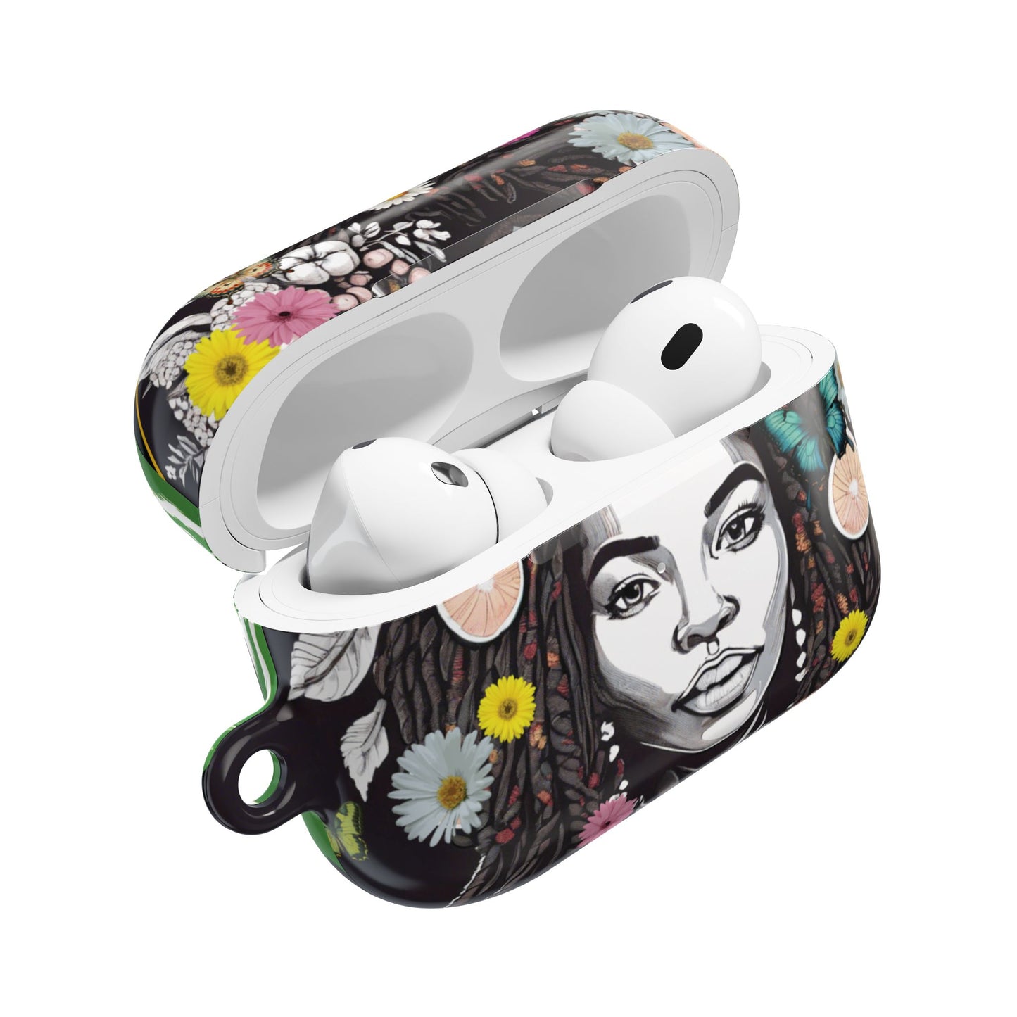 AirPods Case (Personalized): Kai Queen of Locs Garden Plant Green Tribal Ikat Design with Butterflies & Black Woman; AirPods Pro Gen 1 & 2, AirPods Gen 1, Gen 2, Gen 3