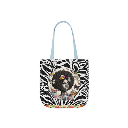 Afro Butterfly Queen In Black & White Garden-themed 13" tote bag, purse, workout bag, yoga bag, personal item with Black Women