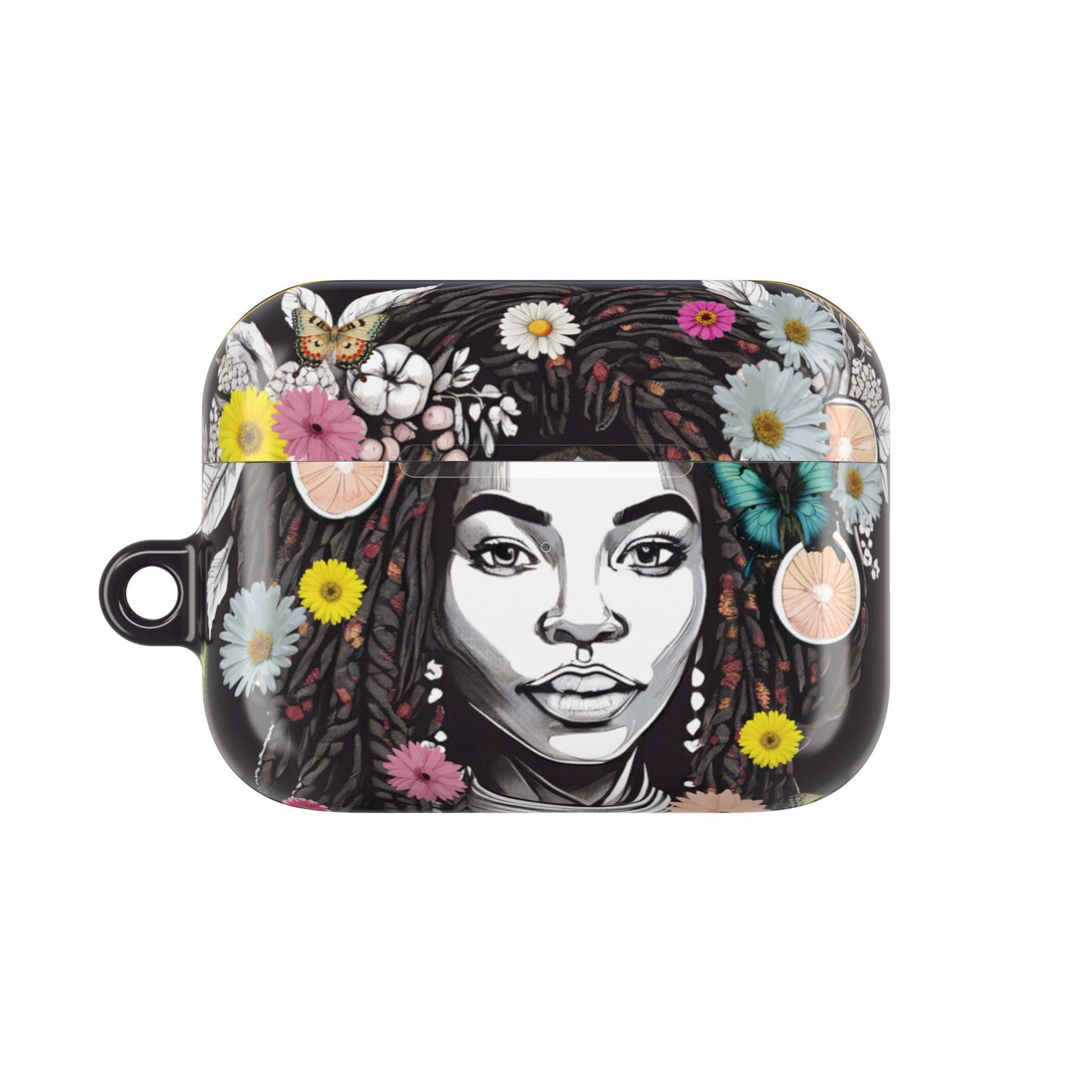 AirPods Case (Personalized): Kai Queen of Locs Garden Plant Green Tribal Ikat Design with Butterflies & Black Woman; AirPods Pro Gen 1 & 2, AirPods Gen 1, Gen 2, Gen 3