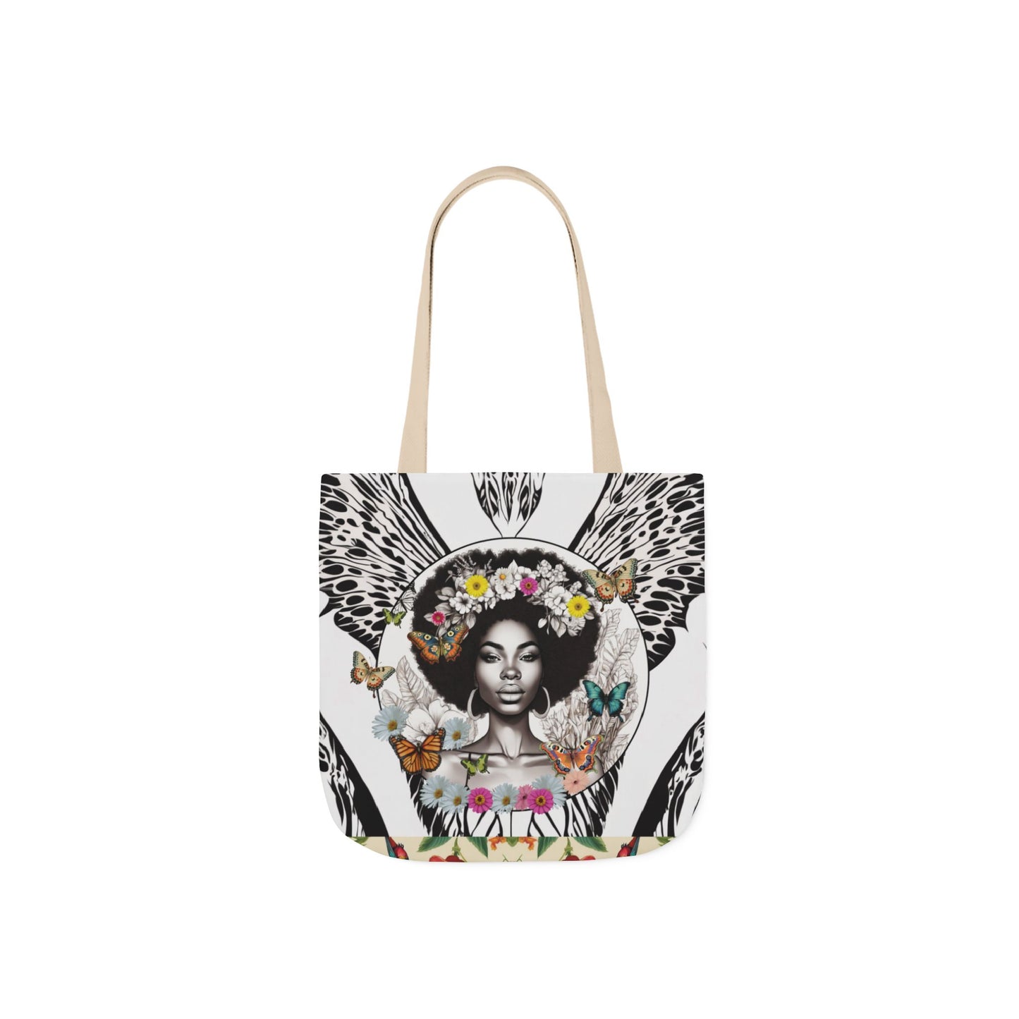 Afro Butterfly Queen In Black & White Garden-themed 13" tote bag, purse, workout bag, yoga bag, personal item with Black Women