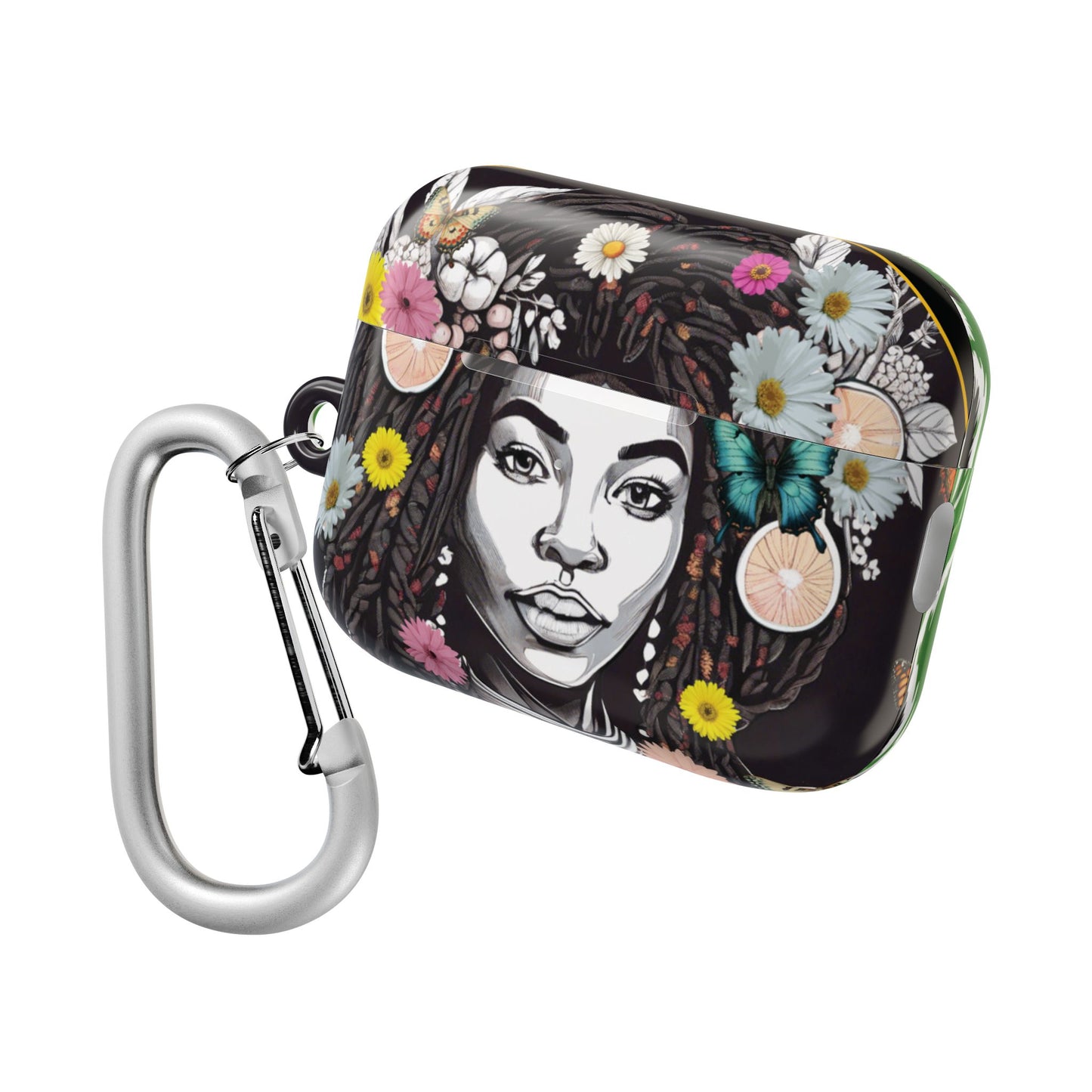 AirPods Case (Personalized): Kai Queen of Locs Garden Plant Green Tribal Ikat Design with Butterflies & Black Woman; AirPods Pro Gen 1 & 2, AirPods Gen 1, Gen 2, Gen 3