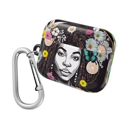 AirPods Case (Personalized): Kai Queen of Locs Garden Plant Green Tribal Ikat Design with Butterflies & Black Woman; AirPods Pro Gen 1 & 2, AirPods Gen 1, Gen 2, Gen 3