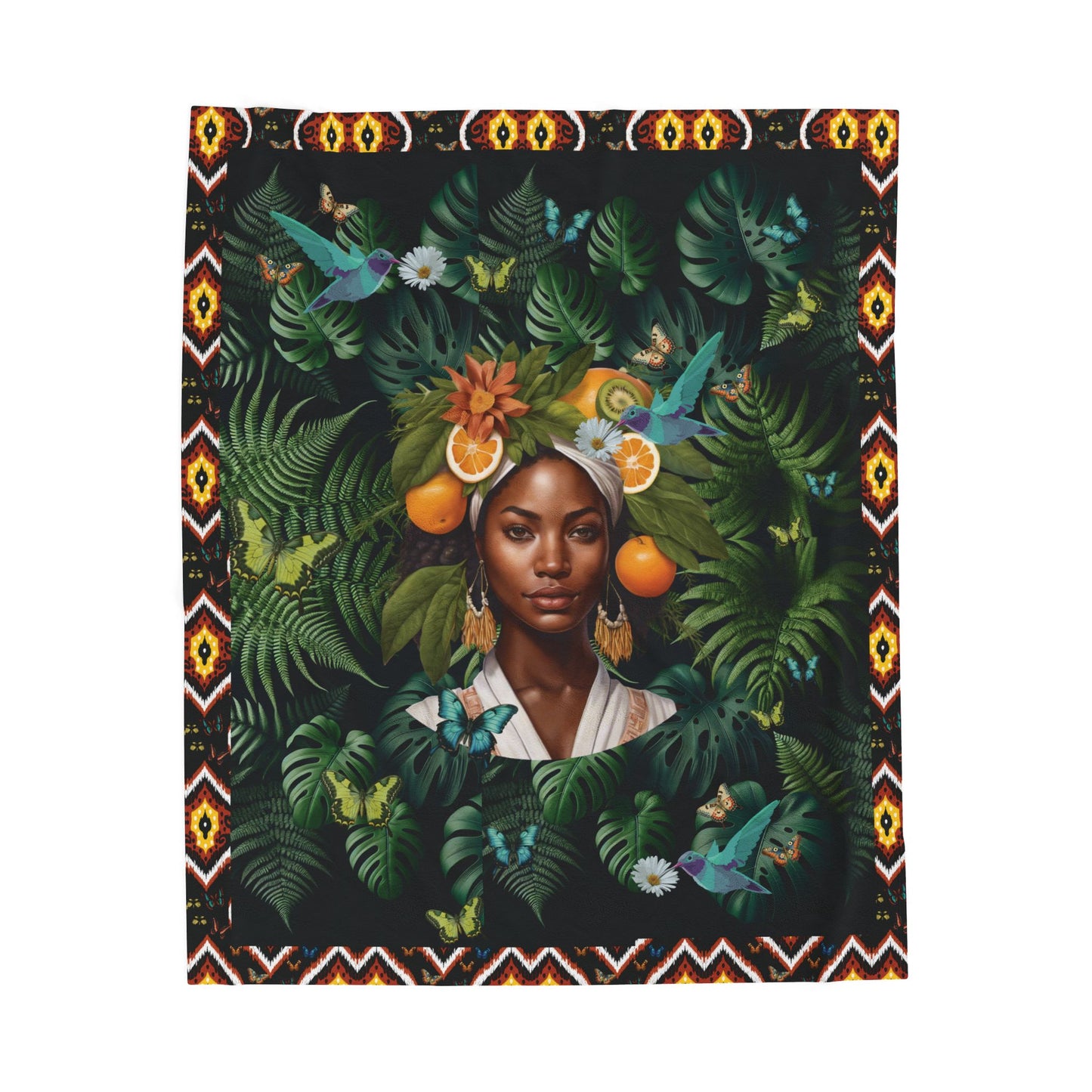 100% Organic Black Jungle Plant & Garden-themed Blanket, tablecloth, Wrap and Wall Hanging (Velveteen) with Black Woman