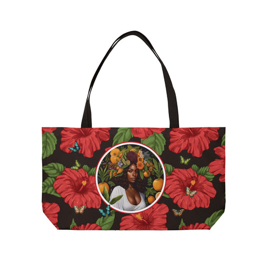 Organically Me Red & White Hibiscus Plant Garden-themed Weekender Tote Bag, workout bag, yoga bag with Black Women