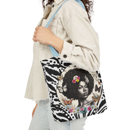 Afro Butterfly Queen In Black & White Garden-themed 13" tote bag, purse, workout bag, yoga bag, personal item with Black Women