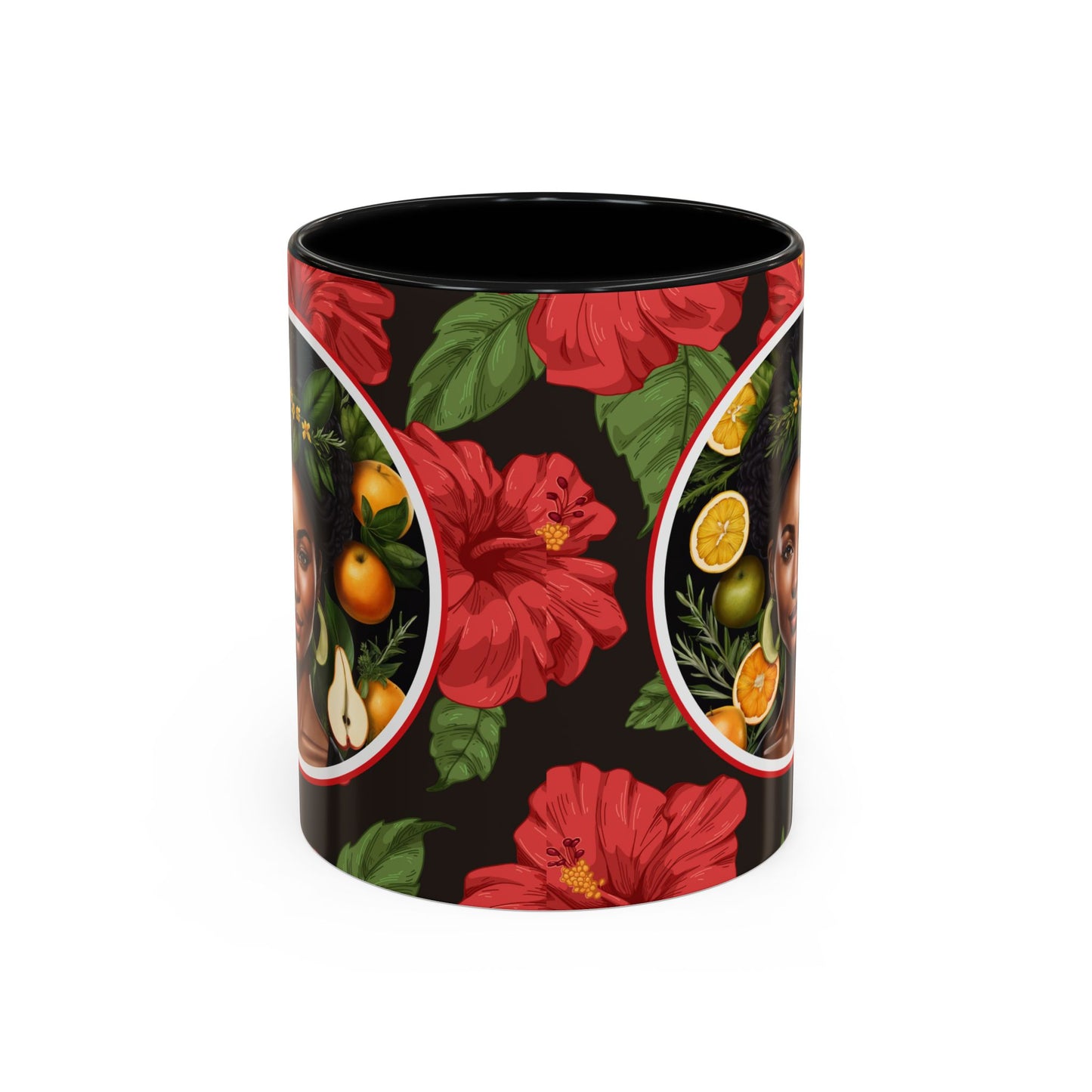Organically Me Red and White Hibiscus Plant Garden Vegan Ceramic Plant Mug with Black woman (11oz) 8 Color Combos