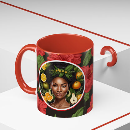 Organically Me Red and White Hibiscus Plant Garden Vegan Ceramic Plant Mug with Black woman (11oz) 8 Color Combos