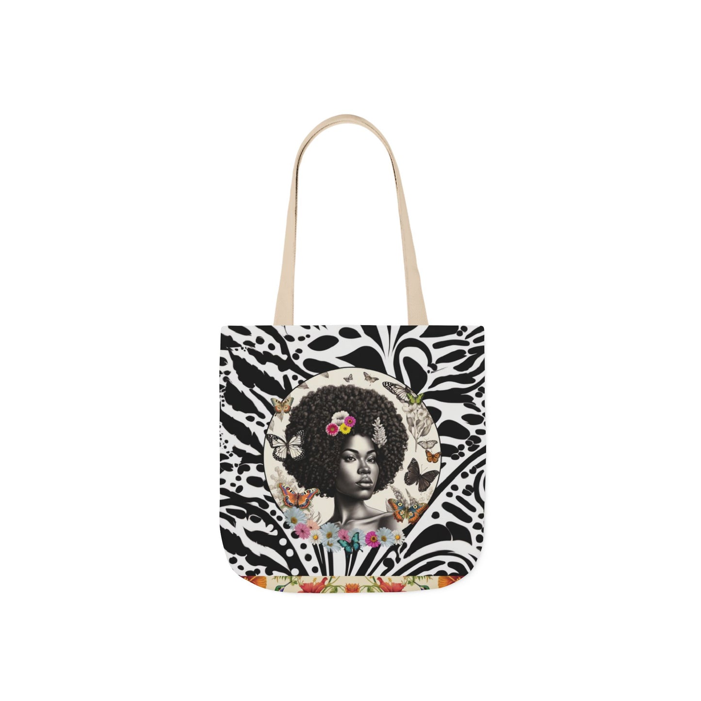 Afro Butterfly Queen In Black & White Garden-themed 13" tote bag, purse, workout bag, yoga bag, personal item with Black Women