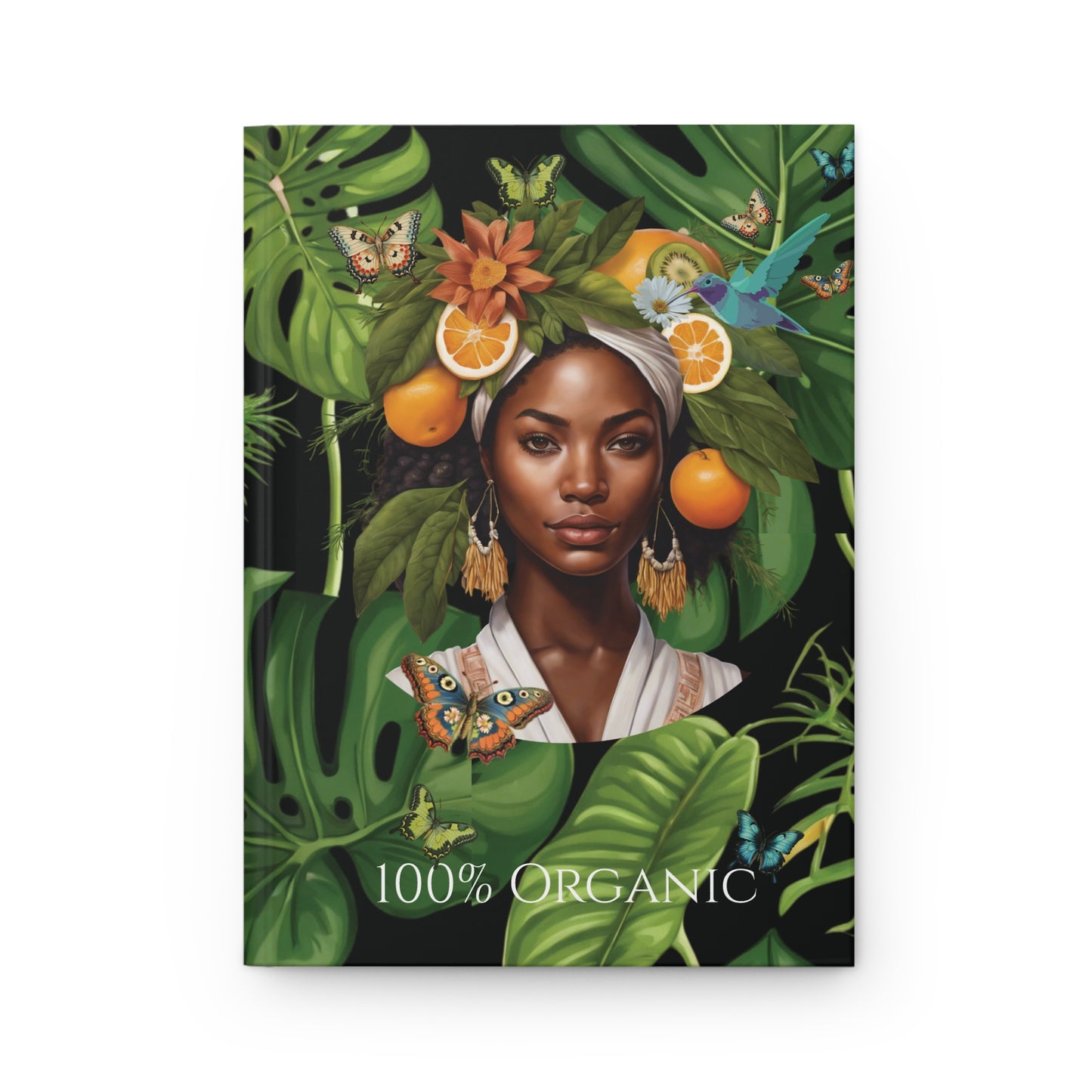 100% Organic Black Jungle Plant Garden & Vegan Hardcover Journal, Matte 150 pages, Black women Double-Sided Design