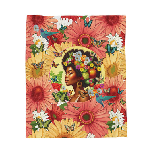 Organically Me Afro Joy Daisy Delany Plant & Garden Blanket, Wall Hanging, Tablecloth (Velveteen) with Black Woman; 50 x 60in
