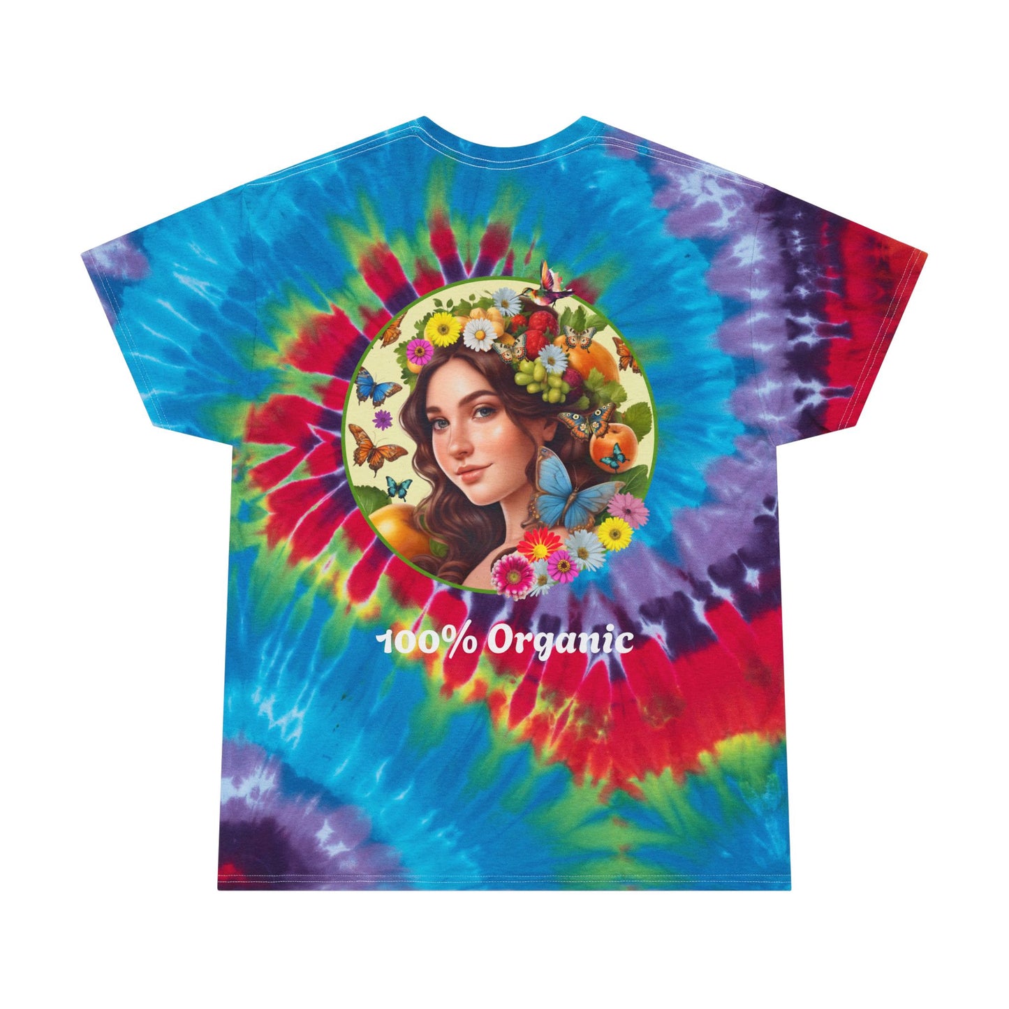 Spiral Tie-Dye Organically Me Tee Dark with Fruits, Veggies and flowers Design - Vibrant and Playful floral Shirt