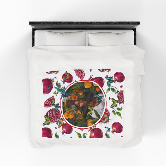 Organically Me Red and White Pomegranate Plant Garden Blanket, Wall Hanging, Tablecloth (Velveteen) with Black Woman; 50 x 60in