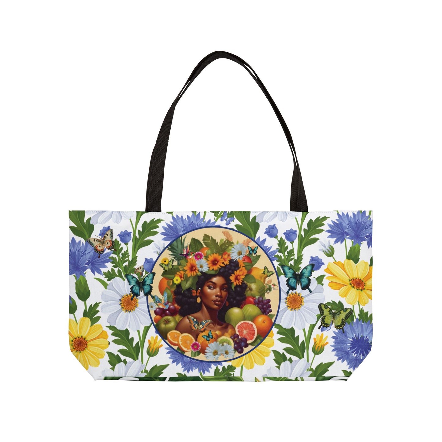 Organically Me Blue & Yellow Plant Garden-themed Weekender Tote Bag, workout bag, yoga bag with Black Women