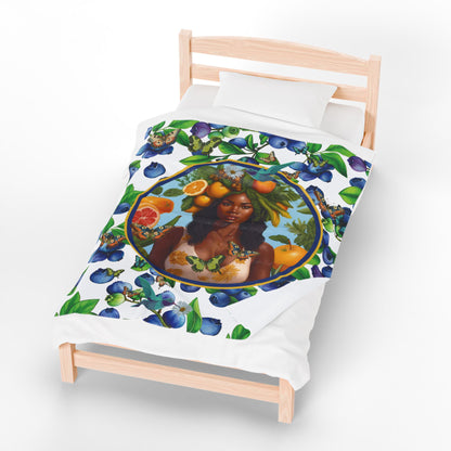 Organically Me Blueberry Plant B Garden Blanket, Wall Hanging, Tablecloth (Velveteen) with Black Woman; 50 x 60in