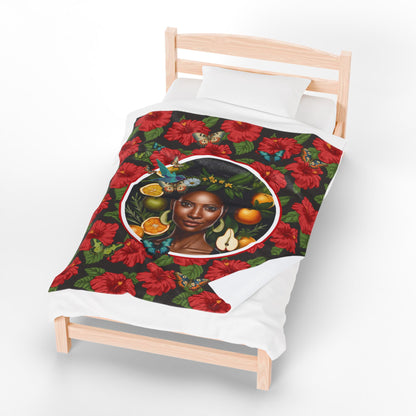 Organically Me Red and White Plant Garden Blanket, Wall Hanging, Tablecloth (Velveteen) with Black Woman; 50 x 60in