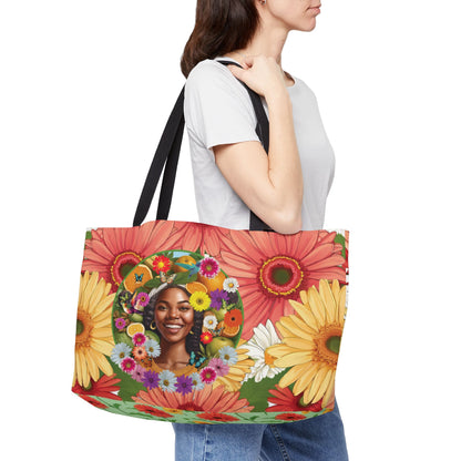 Organically Me A Joy Daisy Plant Garden-themed Large Weekender Tote Bag, workout bag, yoga bag with Black Women