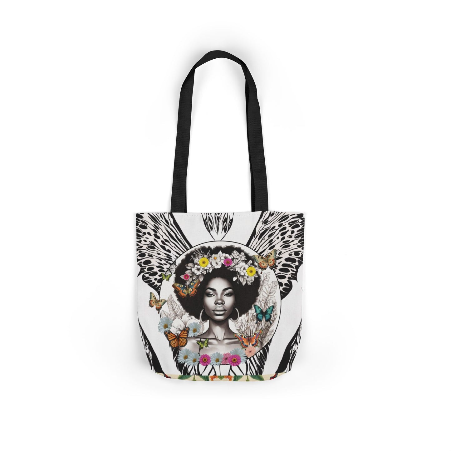 Afro Butterfly Queen In Black & White Garden-themed 13" tote bag, purse, workout bag, yoga bag, personal item with Black Women