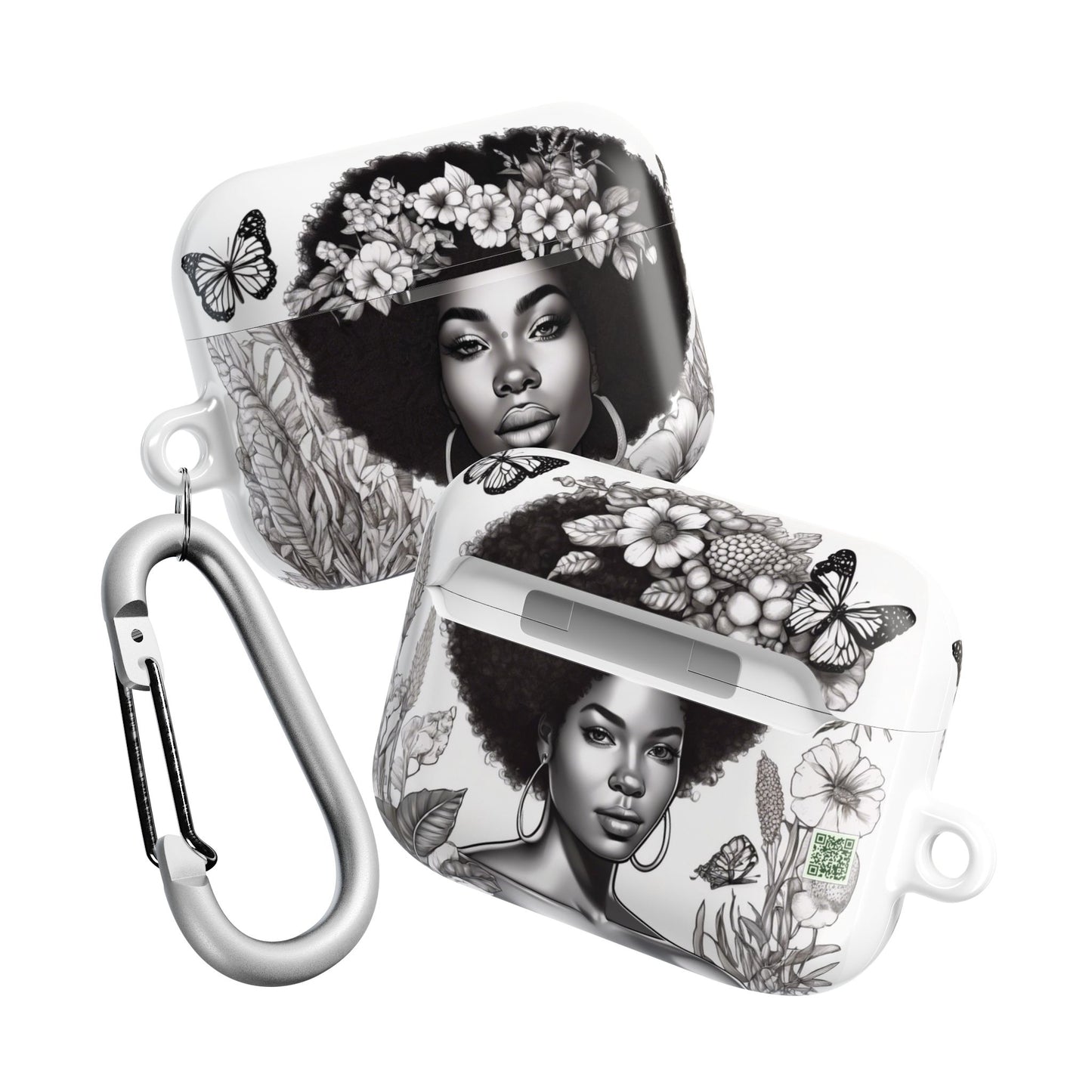 AirPods Case: Afro Queen Black & White Floral Garden Design with Butterflies, Plants & Black Woman for AirPods Pro Gen 1 & 2, AirPods Gen 1, Gen 2, Gen 3