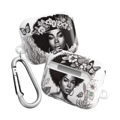 AirPods Case: Afro Queen Black & White Floral Garden Design with Butterflies, Plants & Black Woman for AirPods Pro Gen 1 & 2, AirPods Gen 1, Gen 2, Gen 3