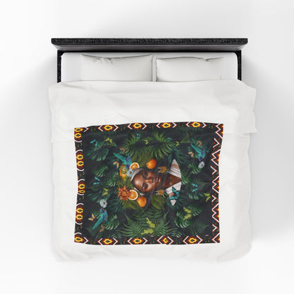 100% Organic Black Jungle Plant & Garden-themed Blanket, tablecloth, Wrap and Wall Hanging (Velveteen) with Black Woman