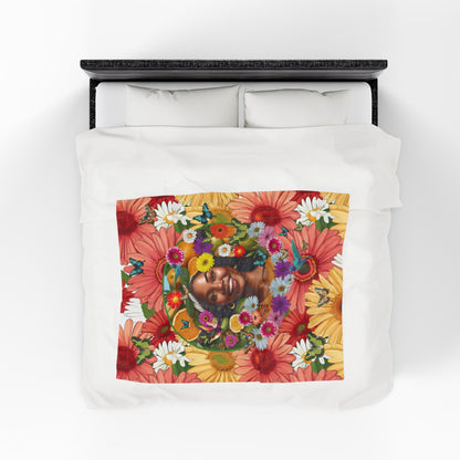 Organically Me A Joy Daisy Plant & Garden Blanket, Wall Hanging, Tablecloth (Velveteen) with Black Woman; 50 x 60in