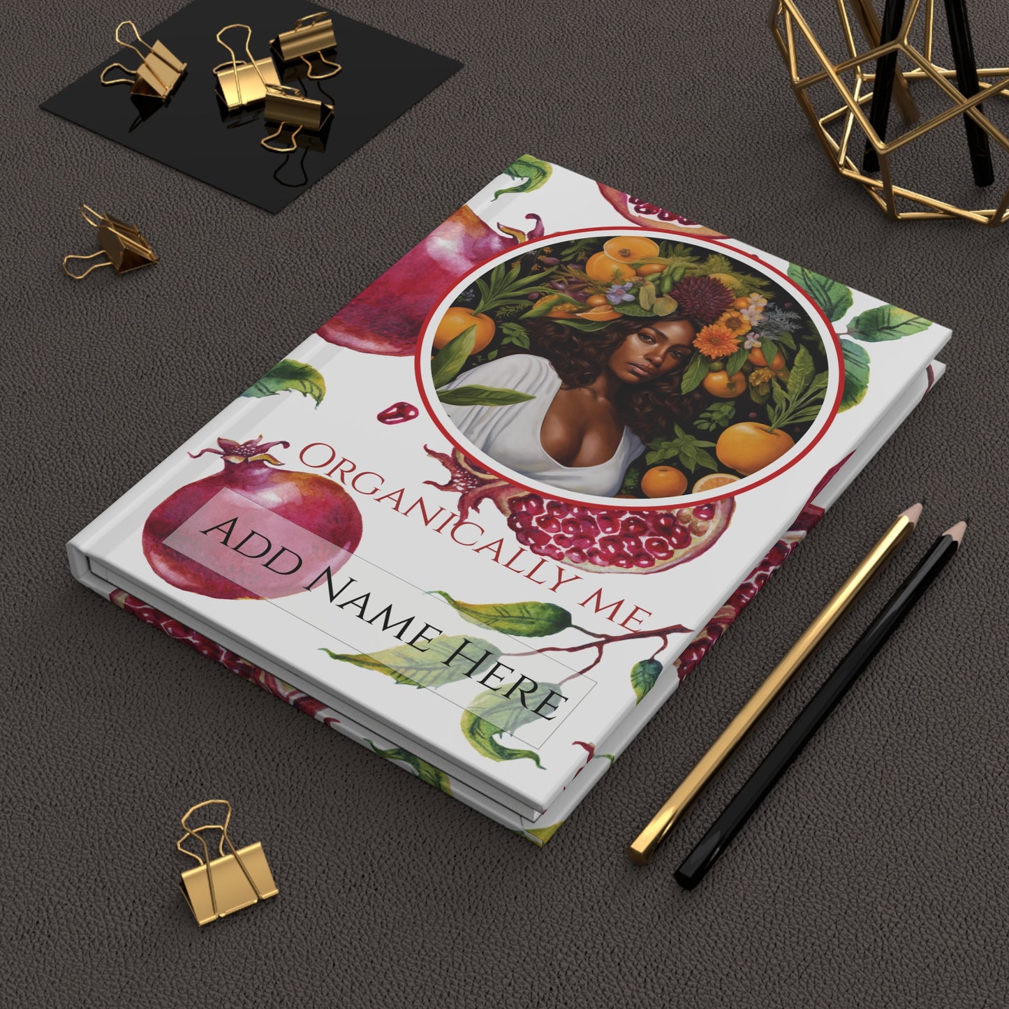 Organically Me Red and White Pomegranate Plant, Garden & Vegan Hardcover Journal, Matte 150 pages, Black women, May be PERSONALIZED