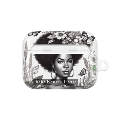 AirPods Case: Afro Queen Black & White Floral Garden Design with Butterflies, Plants & Black Woman for AirPods Pro Gen 1 & 2, AirPods Gen 1, Gen 2, Gen 3