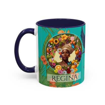 Organically Me A Caribbean Regina Hibiscus Plant, Garden Vegan Ceramic PERSONALIZABLE Mug with Black woman (11oz) 8 Color Combos