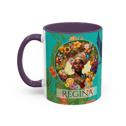 Organically Me A Caribbean Regina Hibiscus Plant, Garden Vegan Ceramic PERSONALIZABLE Mug with Black woman (11oz) 8 Color Combos