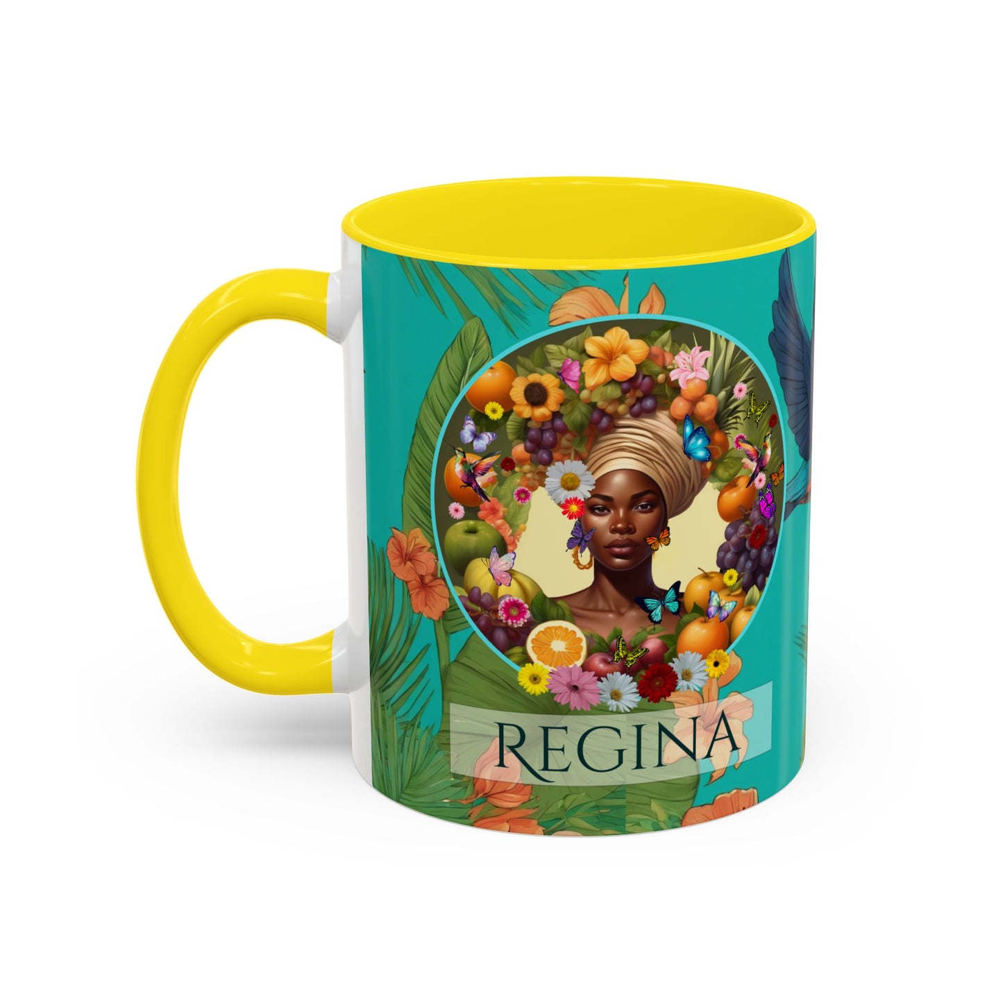 Organically Me A Caribbean Regina Hibiscus Plant, Garden Vegan Ceramic PERSONALIZABLE Mug with Black woman (11oz) 8 Color Combos