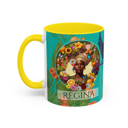 Organically Me A Caribbean Regina Hibiscus Plant, Garden Vegan Ceramic PERSONALIZABLE Mug with Black woman (11oz) 8 Color Combos