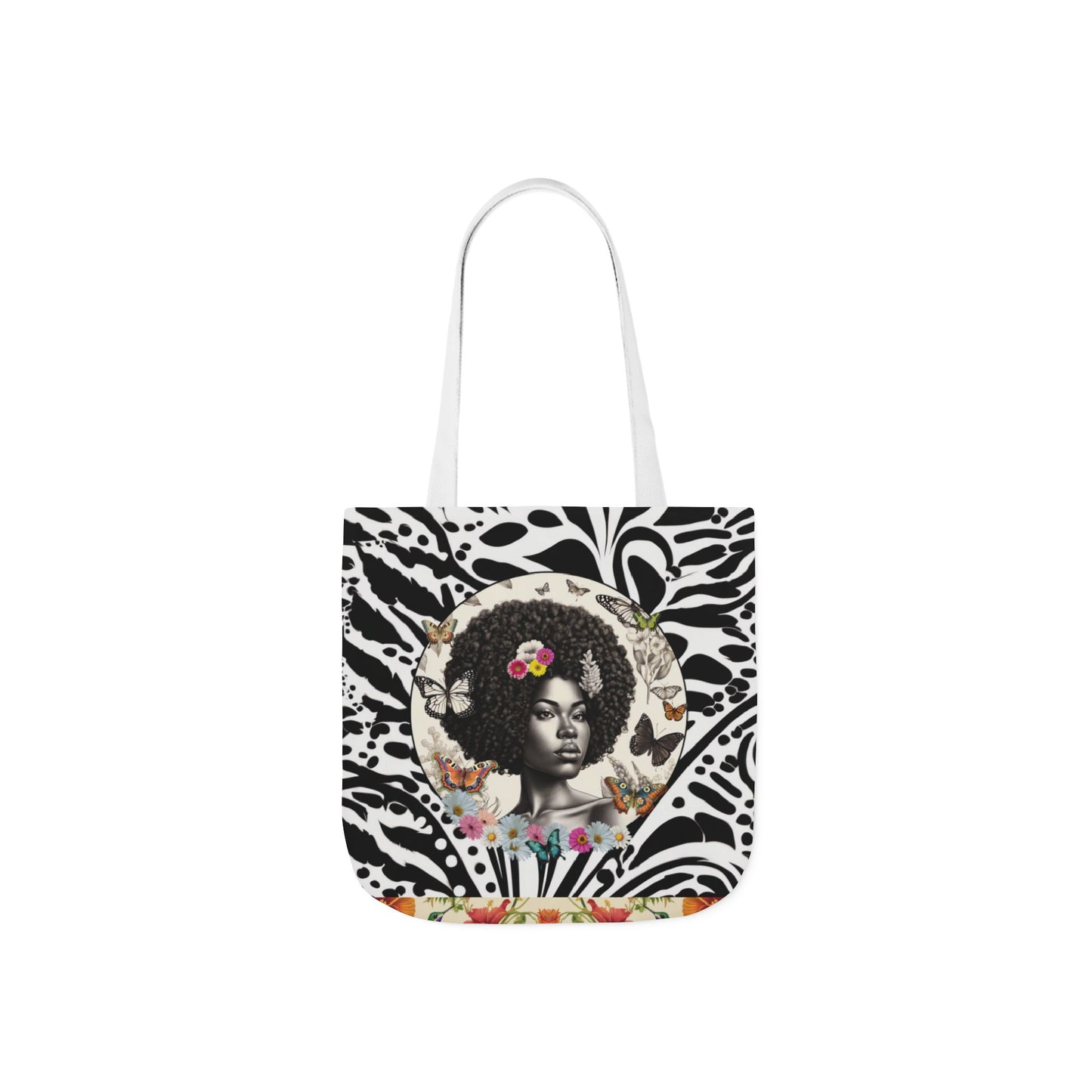 Afro Butterfly Queen In Black & White Garden-themed 13" tote bag, purse, workout bag, yoga bag, personal item with Black Women