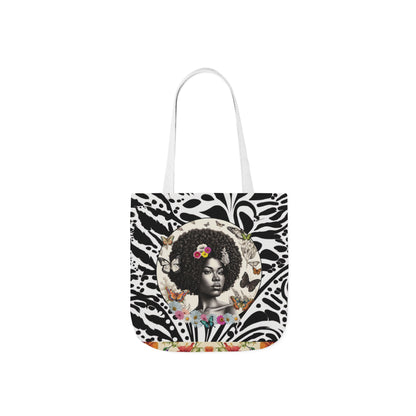 Afro Butterfly Queen In Black & White Garden-themed 13" tote bag, purse, workout bag, yoga bag, personal item with Black Women