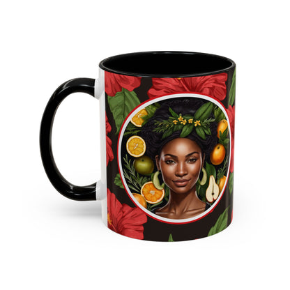 Organically Me Red and White Hibiscus Plant Garden Vegan Ceramic Plant Mug with Black woman (11oz) 8 Color Combos