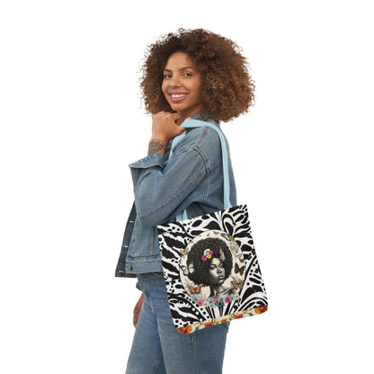 Afro Butterfly Queen In Black & White Garden-themed 13" tote bag, purse, workout bag, yoga bag, personal item with Black Women