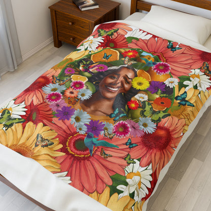 Organically Me A Joy Daisy Plant & Garden Blanket, Wall Hanging, Tablecloth (Velveteen) with Black Woman; 50 x 60in