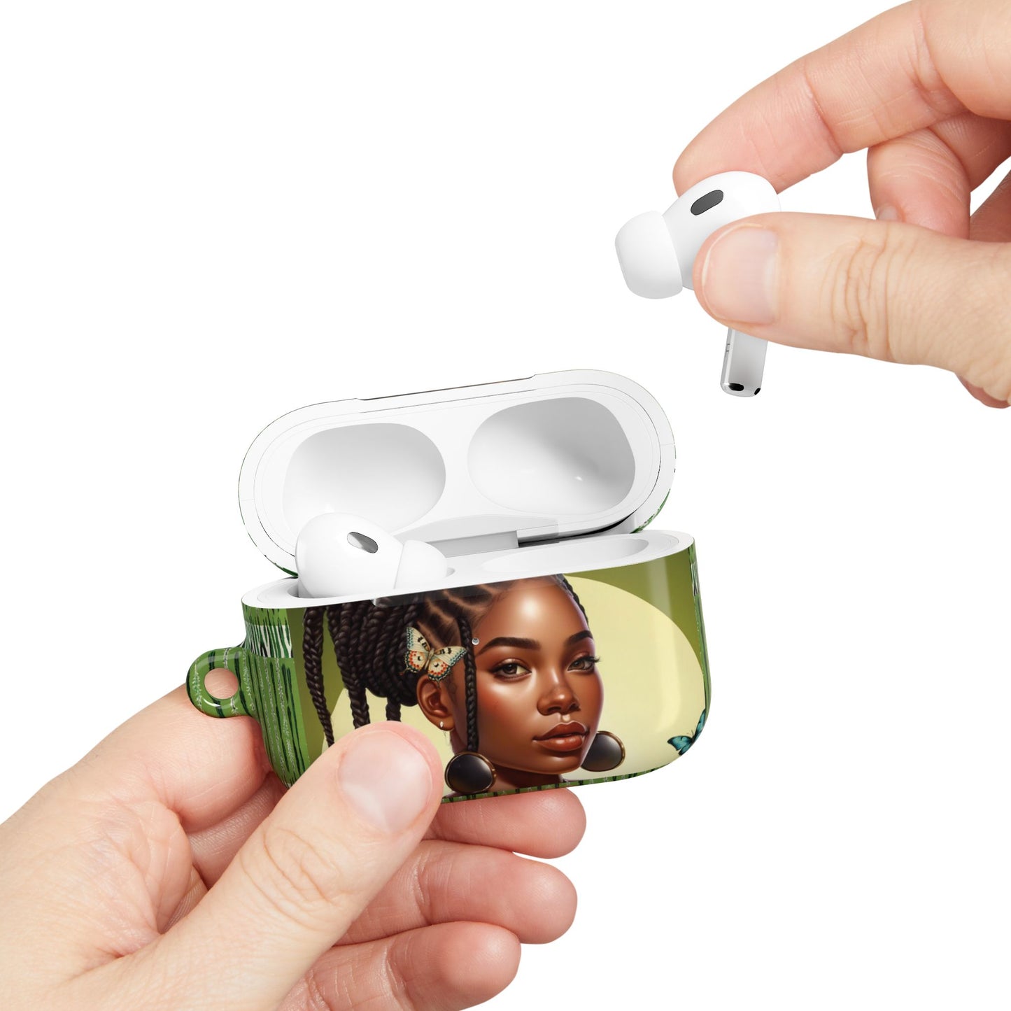 AirPods Case (Personalized): Braids & Ethnic Ikat Garden Plant Green Tribal Design with Butterflies & Black Woman; AirPods Pro Gen 1 & 2, AirPods Gen 1, Gen 2, Gen 3