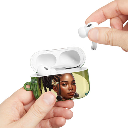 AirPods Case (Personalized): Braids & Ethnic Ikat Garden Plant Green Tribal Design with Butterflies & Black Woman; AirPods Pro Gen 1 & 2, AirPods Gen 1, Gen 2, Gen 3