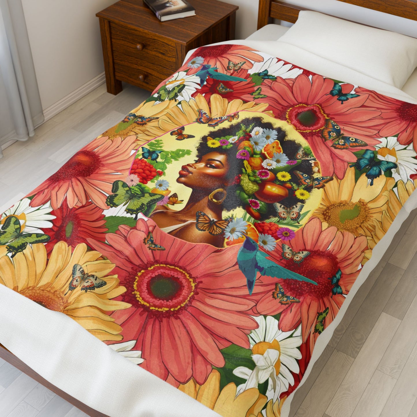 Organically Me Afro Joy Daisy Delany Plant & Garden Blanket, Wall Hanging, Tablecloth (Velveteen) with Black Woman; 50 x 60in