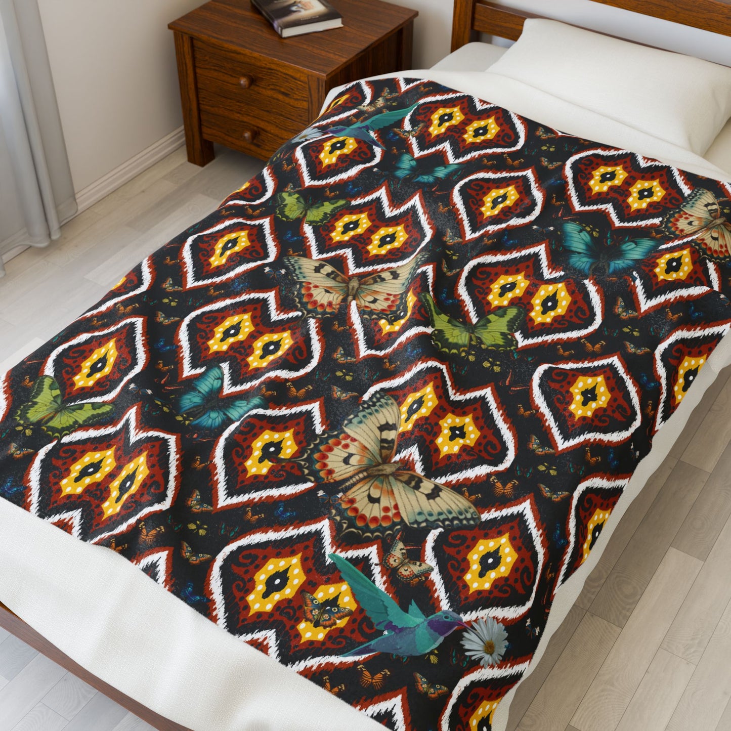 100% Organic Theme A Tribal Butterfly Plant Garden Blanket and Wall Hanging (Velveteen); 50 x 60in